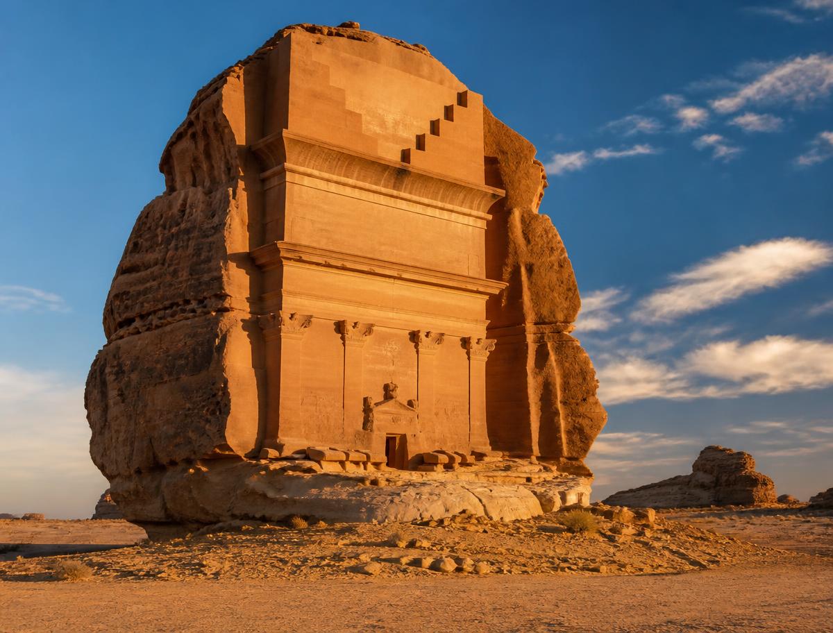 Nabataean tomb carved into sandstone at Hegra, AlUla