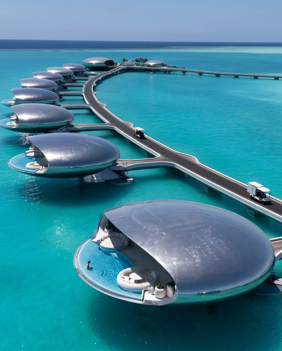 Aerial view of overwater villas along a causeway in a turquoise lagoon