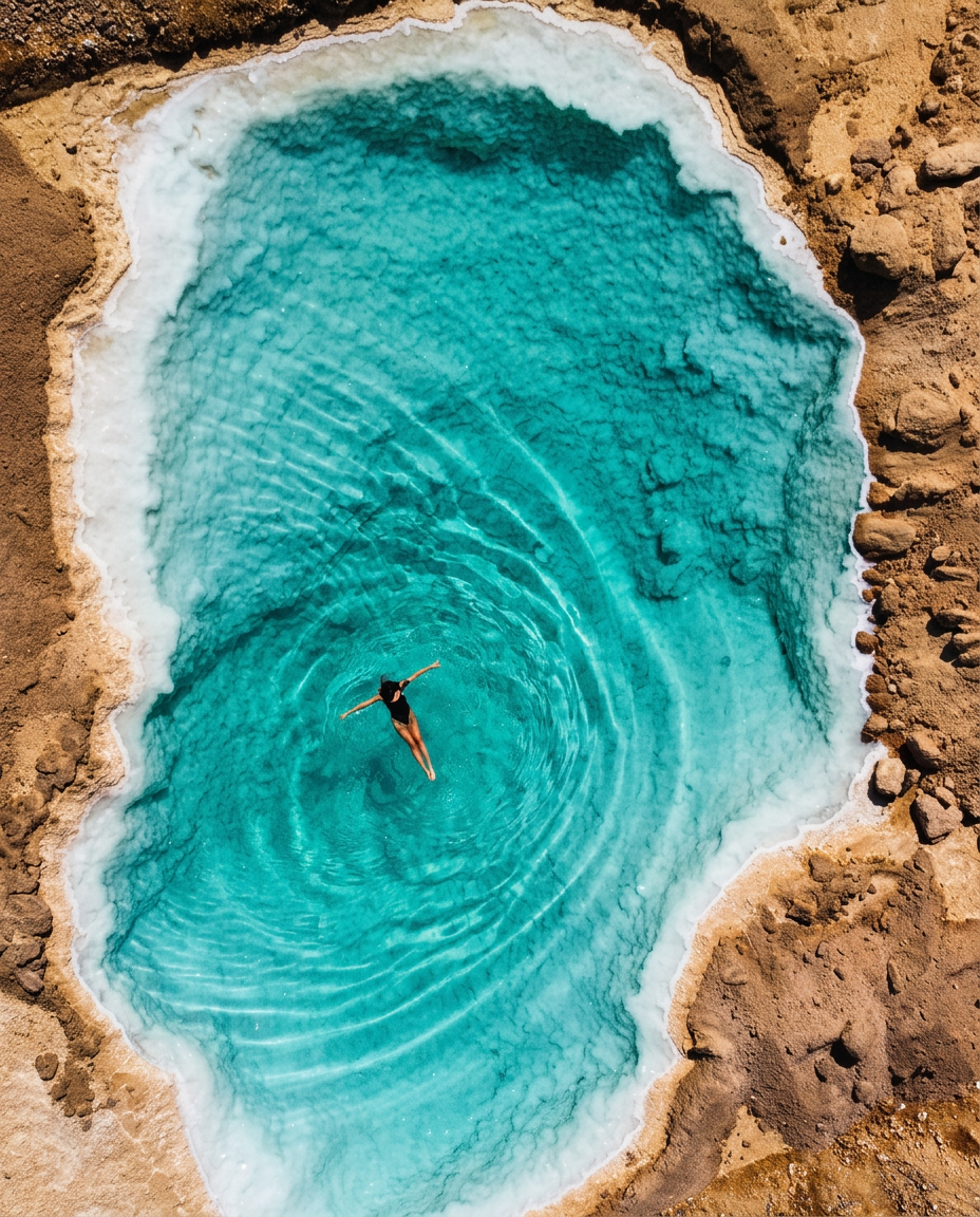 Aerial view of a turquoise salt lake in the Siwa Oasis, Egypt