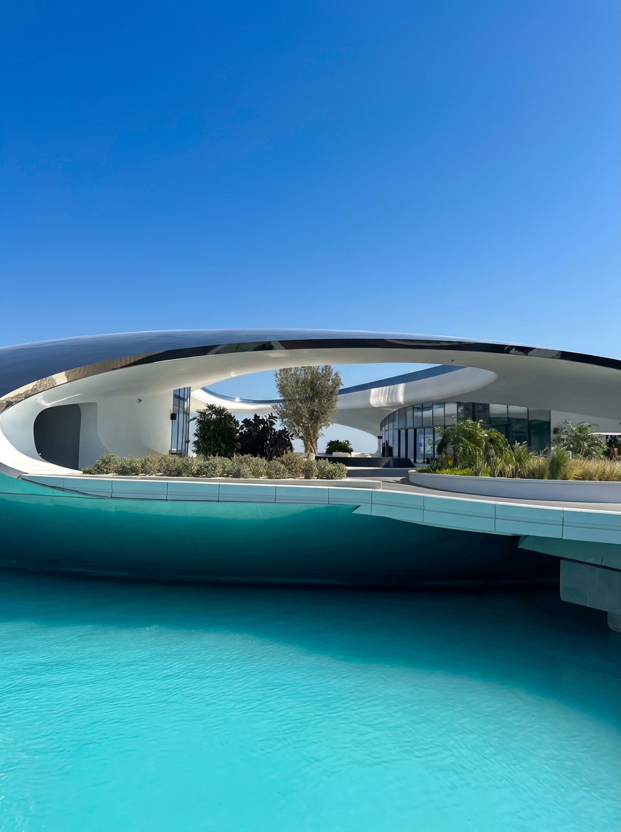 Sculptural white pavilion above a turquoise lagoon