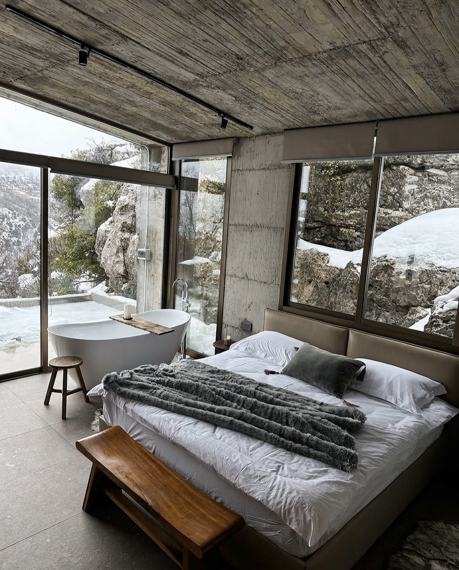 Luxury Lebanese mountain chalet bedroom with floor to ceiling windows over snow