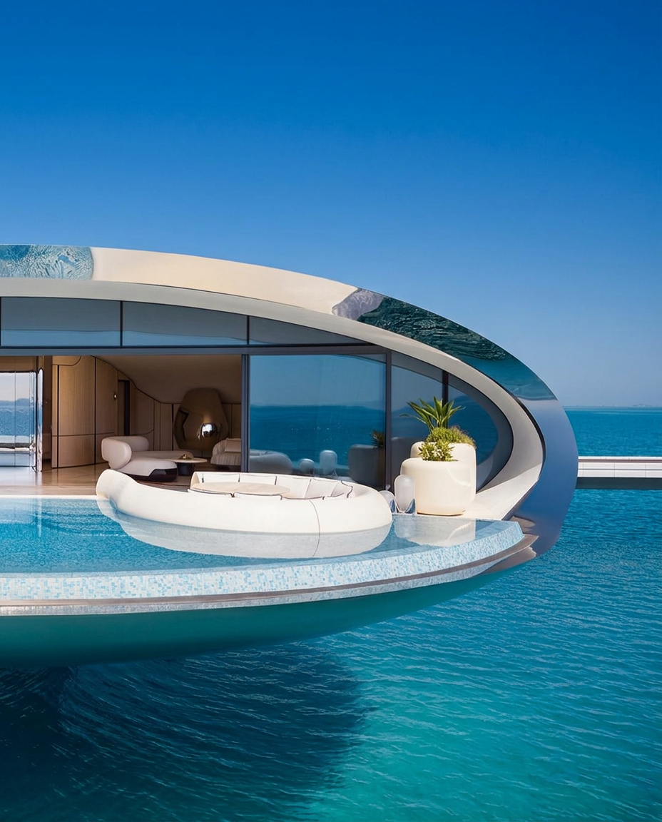 Overwater villa with curved roof and private pool over the Red Sea
