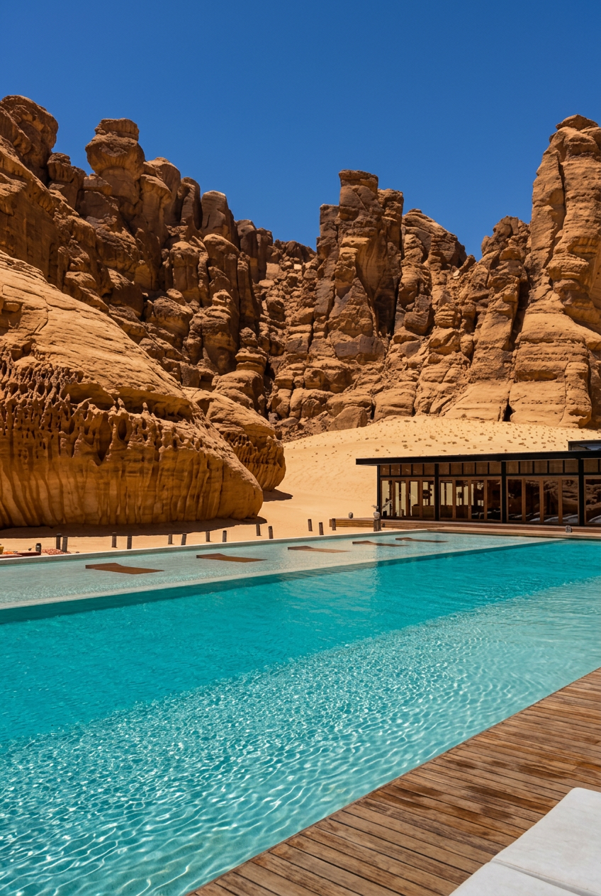 Long turquoise pool set against desert rock formations