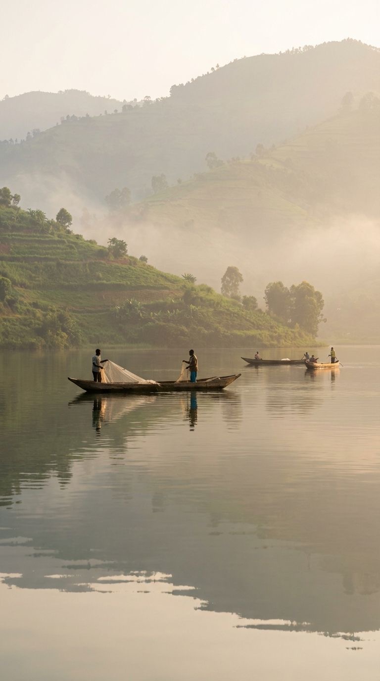 Fishermen casting nets from wooden boats on a misty Lake Kivu at dawn, Rwanda