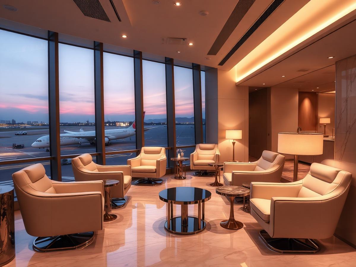 Elegant airport lounge with cream armchairs and floor-to-ceiling runway views