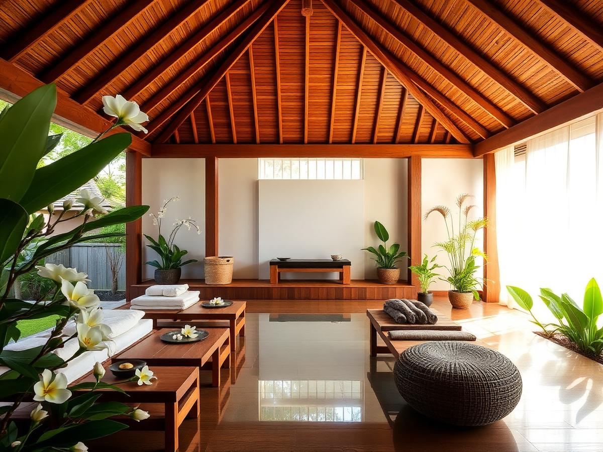 Balinese spa pavilion with teak interiors and frangipani