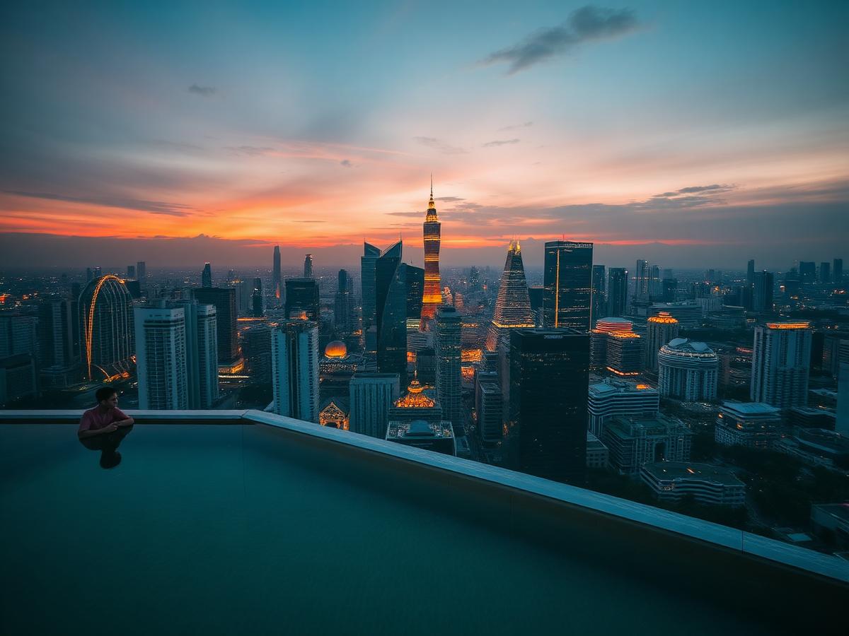 Rooftop infinity pool overlooking the Bangkok skyline at dusk