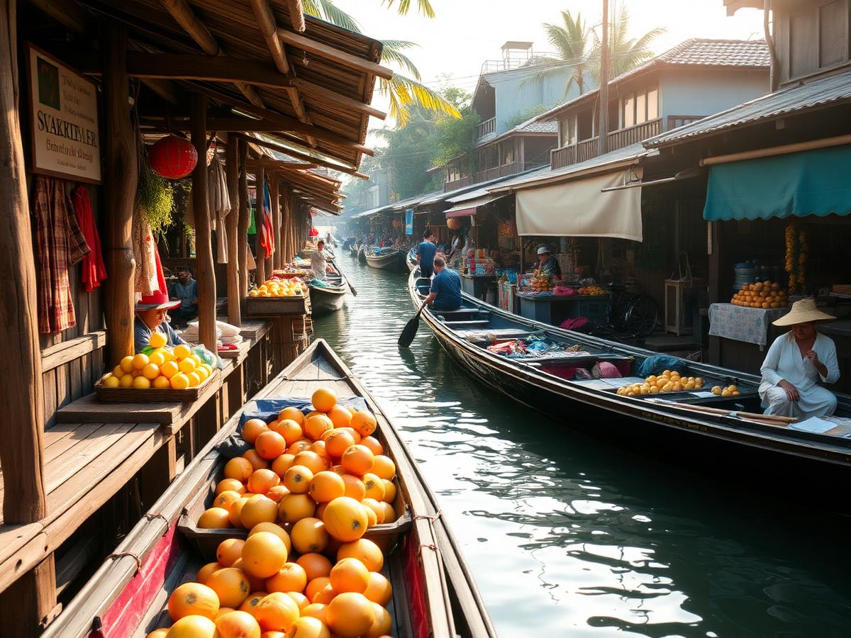 Thai floating market with wooden boats at morning light