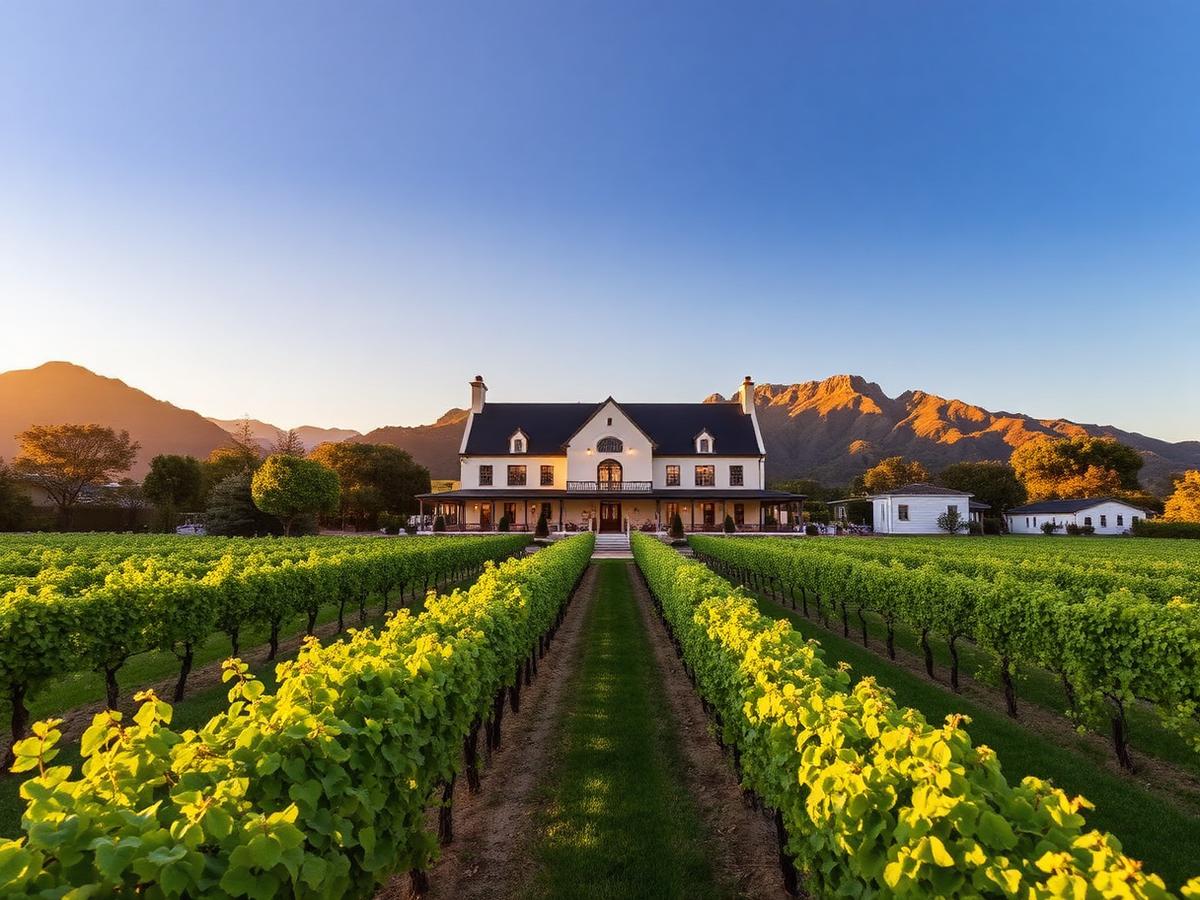 Cape Dutch wine estate with vineyard rows in golden afternoon light