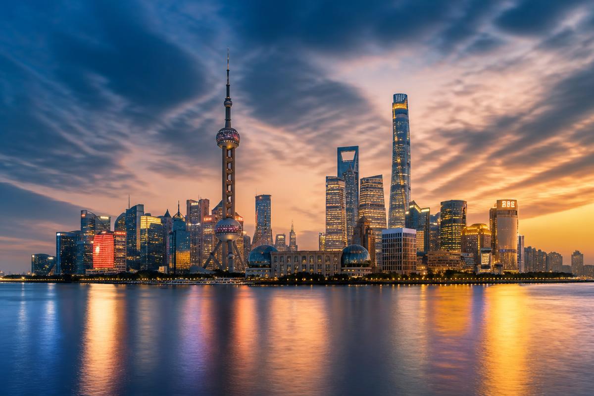 Shanghai skyline at twilight reflected in the Huangpu River
