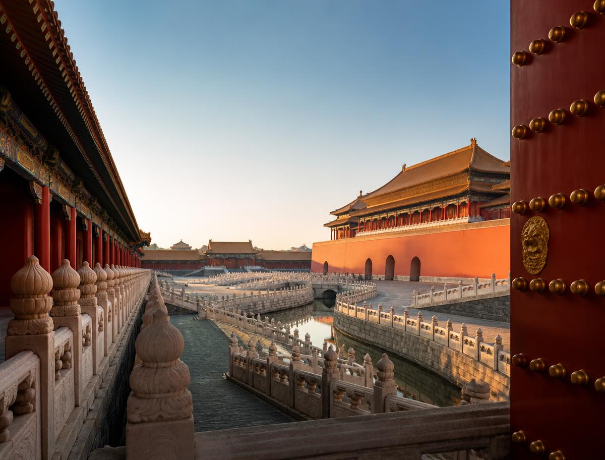 The Forbidden City in Beijing with golden roofs and red walls
