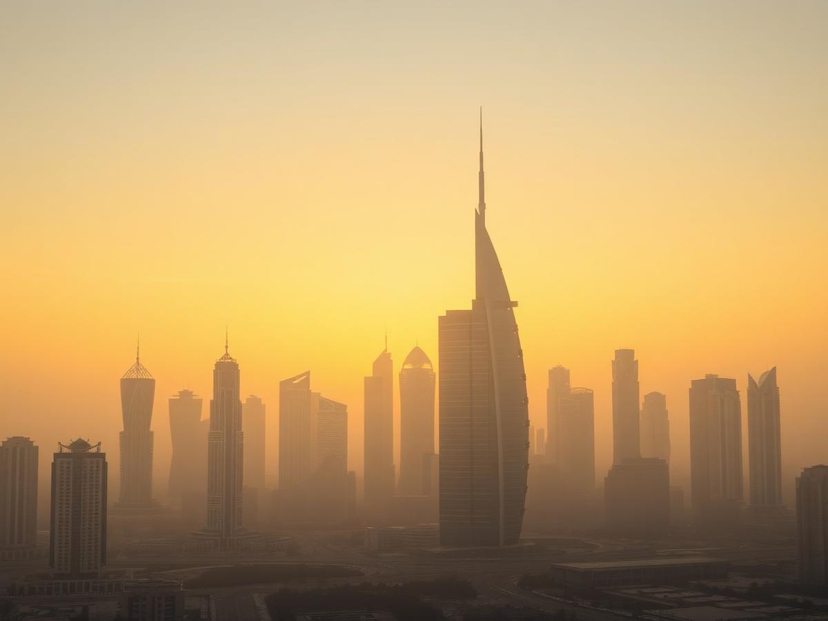 Dubai skyline at dawn in warm haze