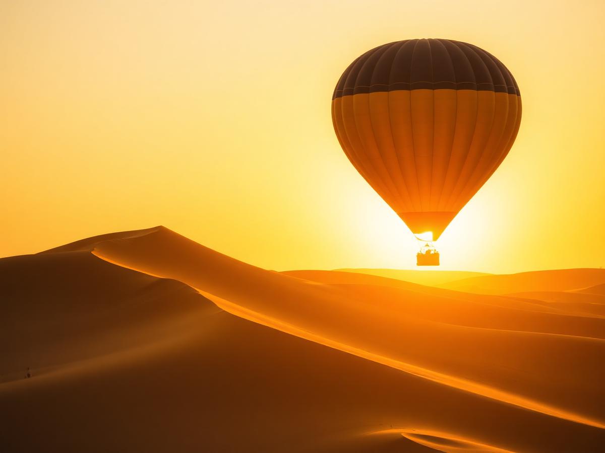 Hot air balloon over golden desert dunes at sunrise