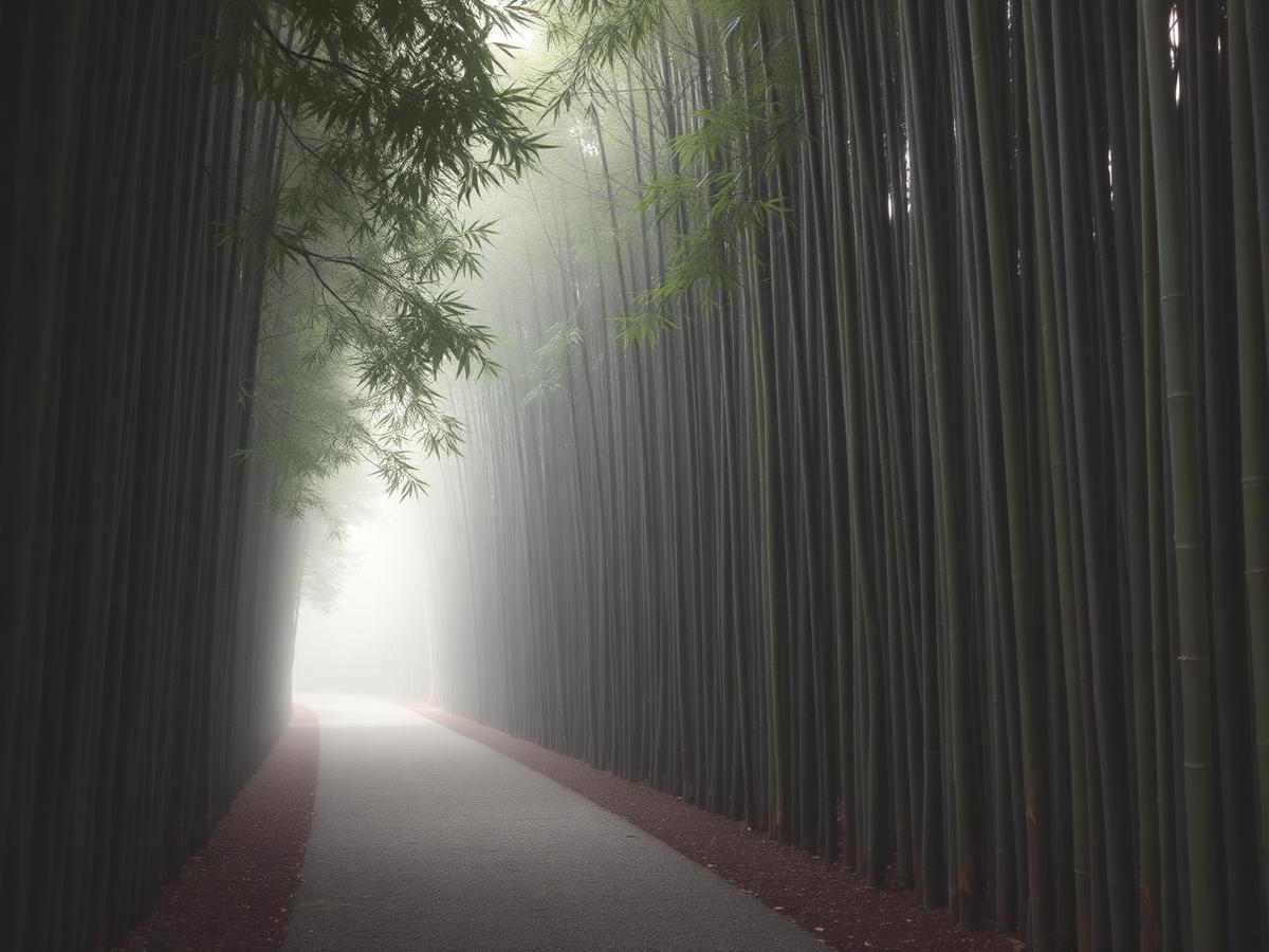 Misty bamboo grove path at dawn in Arashiyama