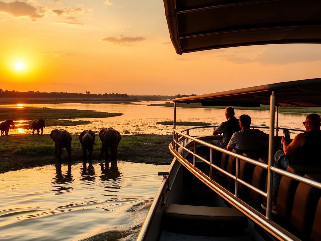 Sunset cruise on the Zambezi river with elephants at the bank