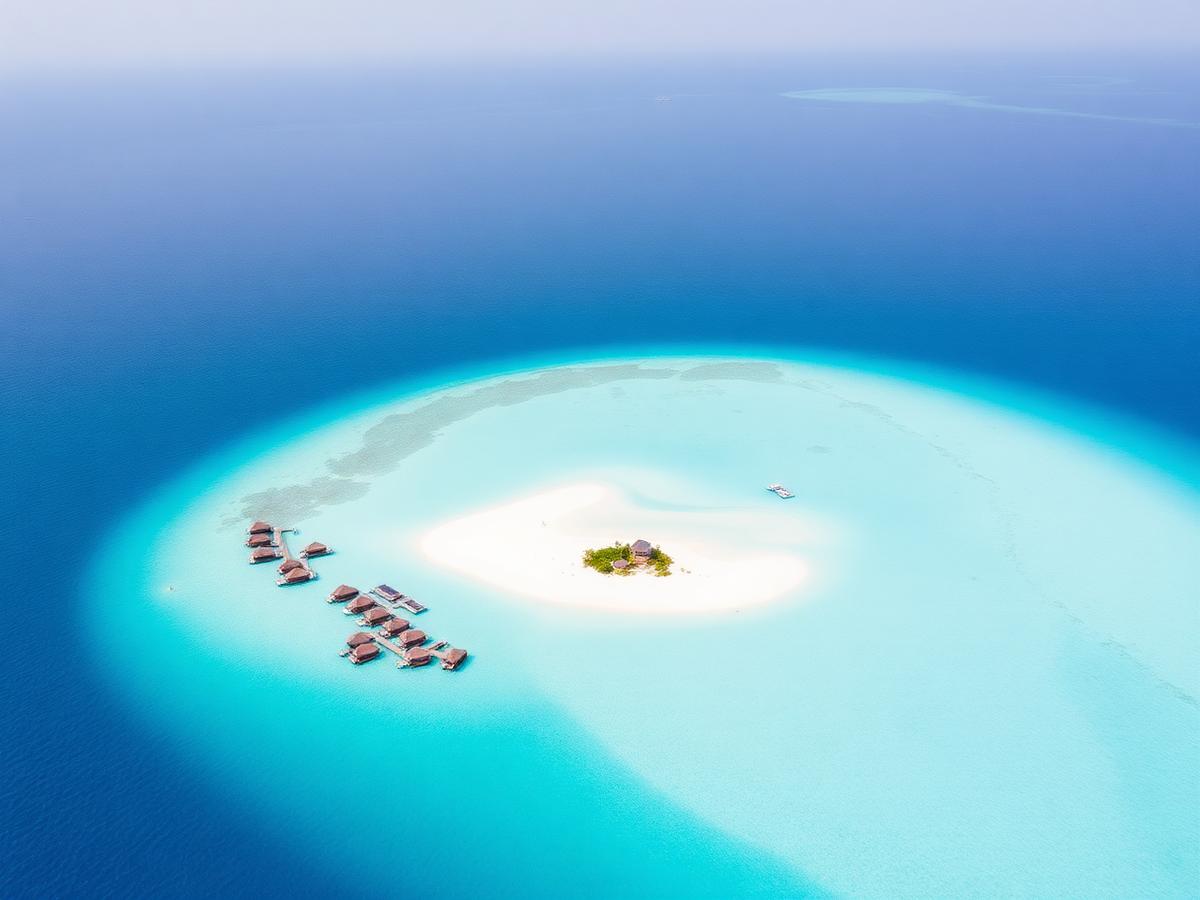 Aerial view of a turquoise Maldivian atoll with a white sandbank