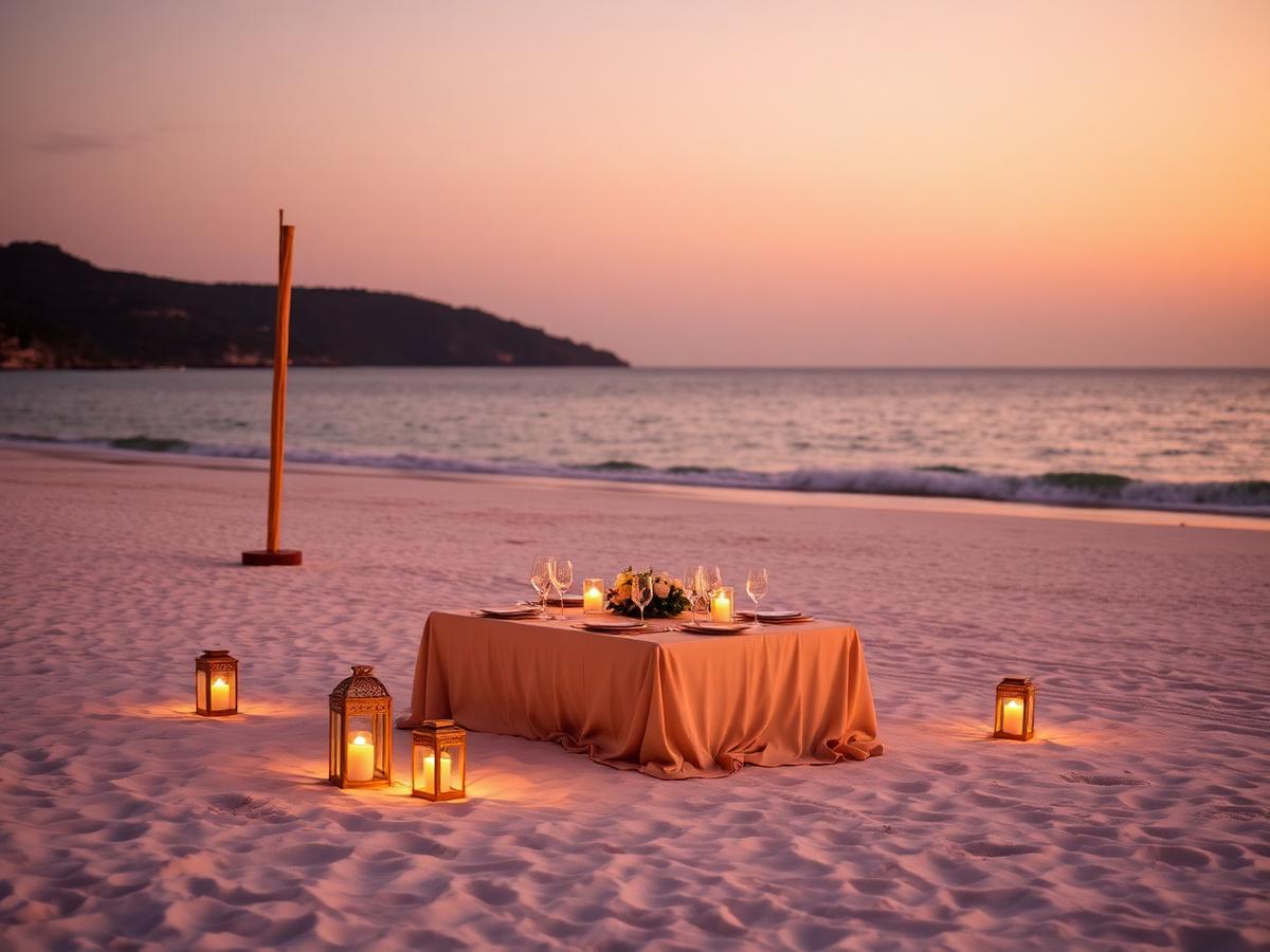Private beach dinner with lanterns on white sand at dusk