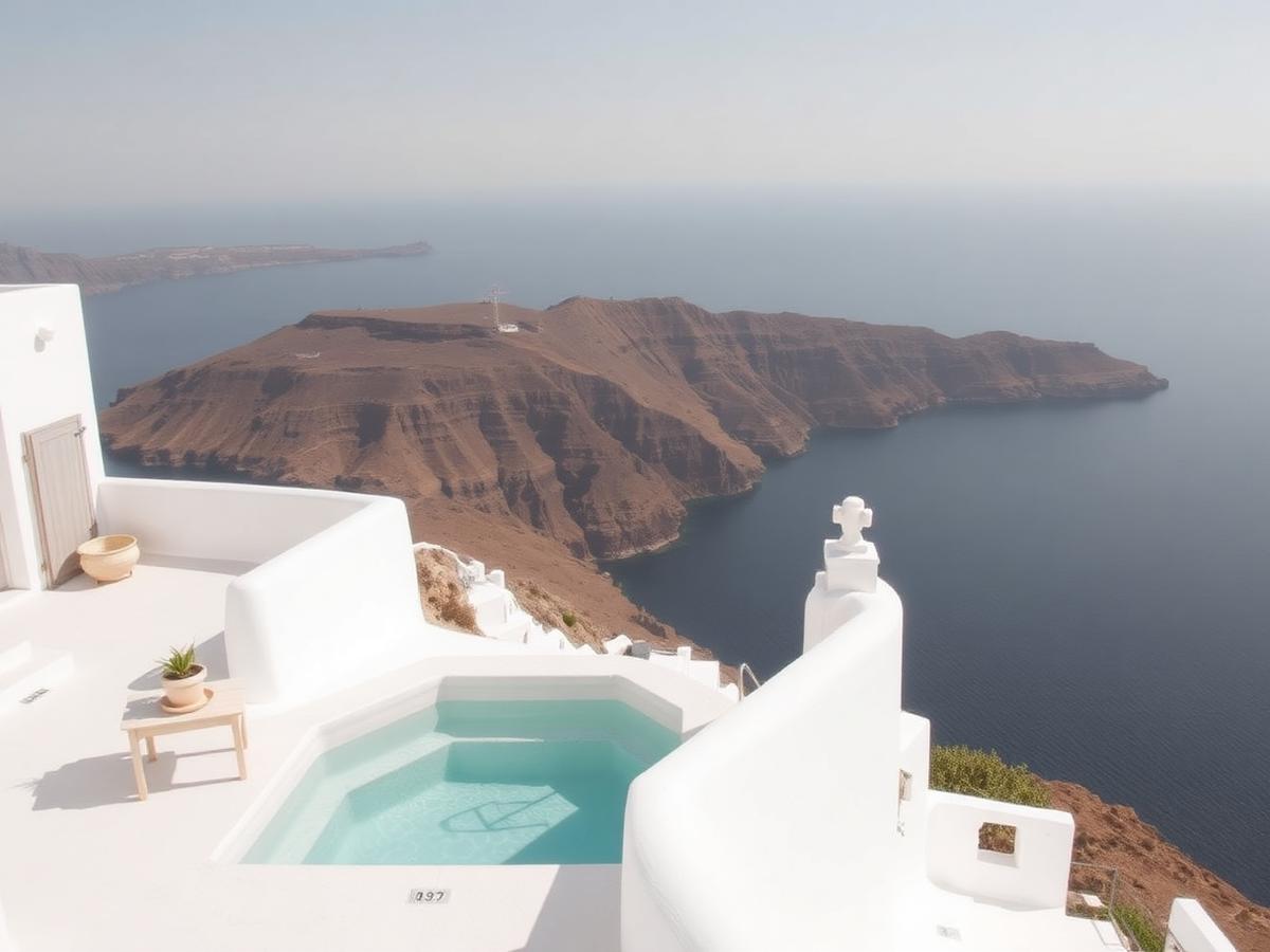 Whitewashed terrace with plunge pool above the Santorini caldera