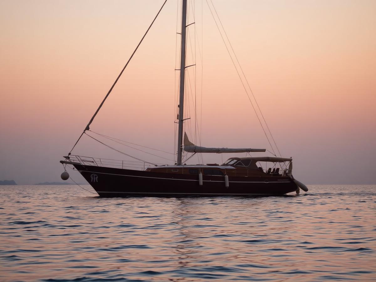 Wooden sailing yacht anchored in the Aegean at golden hour